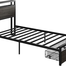 LIKIMIO Twin XL Bed Frames with Drawer, Storage Headboard with Outlets, No Box Spring Needed, Easy Assembly, Gray Black