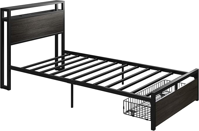 LIKIMIO Twin XL Bed Frames with Drawer, Storage Headboard with Outlets, No Box Spring Needed, Easy Assembly, Gray Black