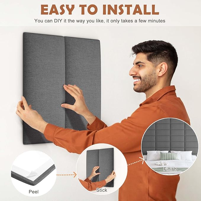 IFNOW Upholstered Wall Mounted Headboard, 3D Soundproof Wall Panels Peel and Stick Headboard for Queen Size, Home Decor, Reusable and Removable Tufted Bed Headboards in Dark Grey(9 Panels, 10" x 24")