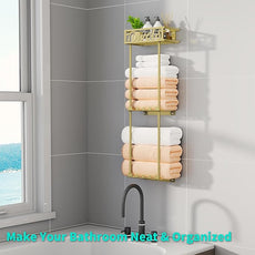 HapiRm Towel Rack Bathroom Storage - 3 Tier Over The Door & Wall Mounted Rolled Towel Racks Holder Organizer with Metal Shelf and 6 Hooks for Small Bathroom, Camper, Rv - Black