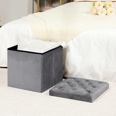 B FSOBEIIALEO Storage Ottoman Cube, Velvet Tufted Folding Ottomans with Lid, Footstool Rest Padded Seat for Bedroom (Grey, Medium)