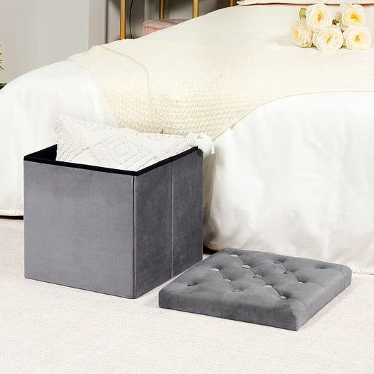 B FSOBEIIALEO Storage Ottoman Cube, Velvet Tufted Folding Ottomans with Lid, Footstool Rest Padded Seat for Bedroom (Grey, Medium)
