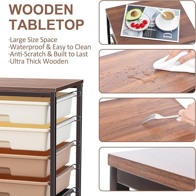 Rolling Storage Cart with Drawers, Rolling Drawer Cart and Wooden Tabletop,Storage Drawer Cart for Living Room,Classroom,Bedroom,Bathroom,Dorm,Office,Brown Gradient