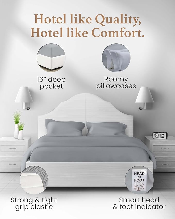Good Sleep Bedding Twin XL Sheet Set - 100% Egyptian Cotton XL Twin Sheet Set, 4 Pc, Extra Long Twin Sheets for Dorm, Hotel Sheets, 16" Deep Pocket Extra Long - Light Grey Sheets GoodSleepBedding