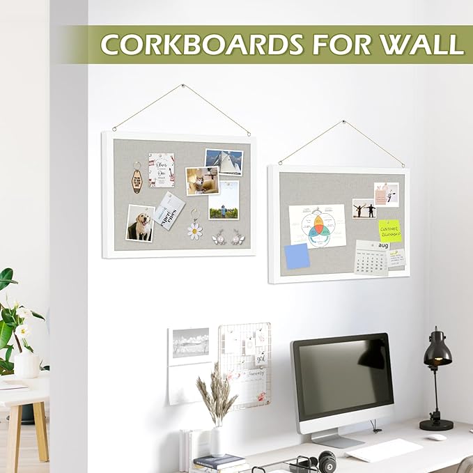 2-Pack Double-Sided Cork Board with Linen, 16" x 12" Hanging Wood Framed Bulletin Board, Picture Display Vision Board Kit Corkboards for Wall School Office Decor, 20 Pushpins (Vintage White)