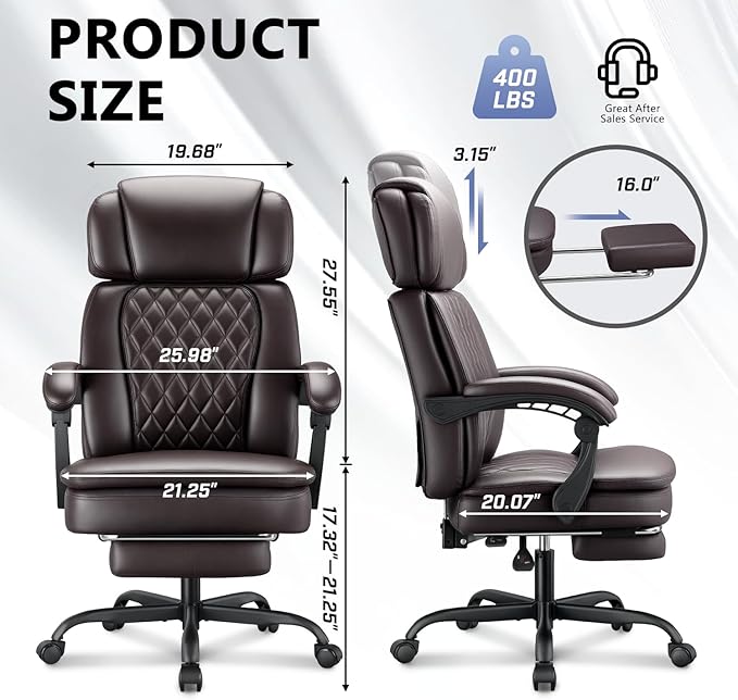 400lbs Executive Office Chair with Foot Rest for Heavy People, Ergonomic Big and Tall Desk Chair with Adjustable Headrest, High Back PU Leather Comfy Heavy Duty Computer Chair