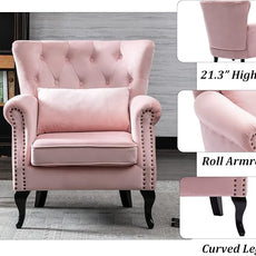 Set of 2 Mid Century Modern Accent Chair for Living Room, Velvet Armchair with Tufted Back and Wood Legs, Upholstered Lounge Armchair Single Sofa for Bedroom, Light Pink