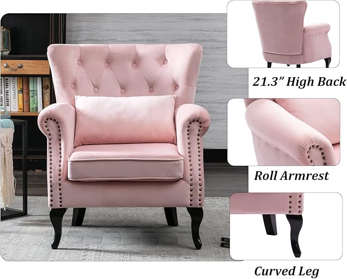 Set of 2 Mid Century Modern Accent Chair for Living Room, Velvet Armchair with Tufted Back and Wood Legs, Upholstered Lounge Armchair Single Sofa for Bedroom, Light Pink