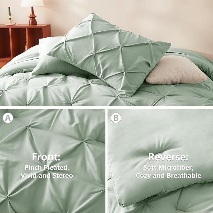CozyLux Twin Comforter Set with Sheets Sage Green, 5 Pieces Pintuck Bed in A Bag, Twin Bed Set Gift for Family, Pinch Pleat Bedding Set with Comforter, Sheets, Pillowcase & Sham