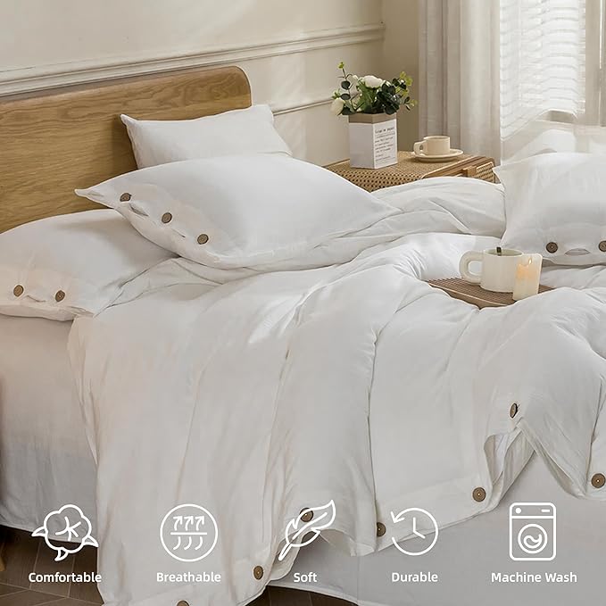 JELLYMONI Cotton Duvet Cover Full Size - Bright White Comforter Cover with Button 100% Washed Cotton 3PCS Breathable Soft Solid Bedding Set Duvet Cover 80×90in & 2 Pillowcases (NO Comforter)