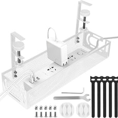 Under Desk Cable Management Tray, Cable Management Under Desk No Drill, Wire Management Tray with Clamp, Cord Organizer for Home Office, White