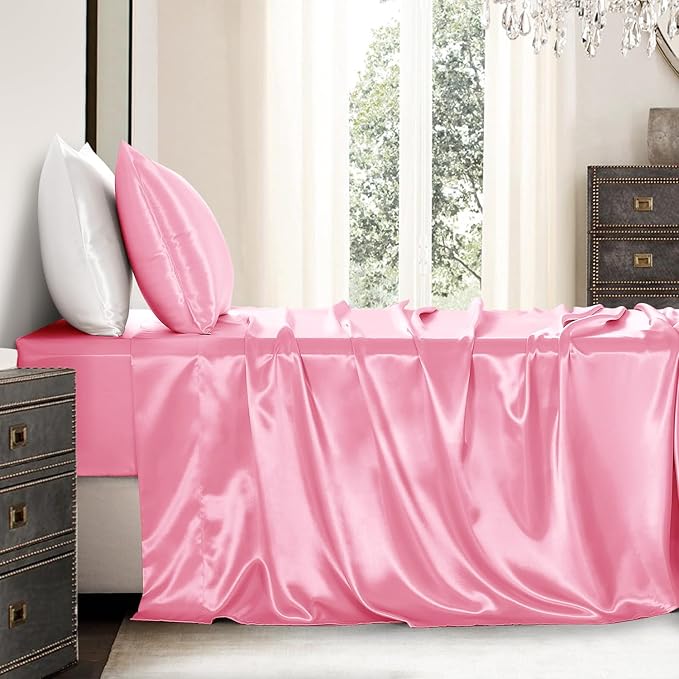 Satin Sheets Twin XL Size - 3 Pieces Luxury Silky Soft Bed Sheets, Wrinkle-Free Light Pink Satin Silk Sheet Set with 1 Deep Pocket Fitted Sheet, 1 Flat Sheet, 1 Pillow Case