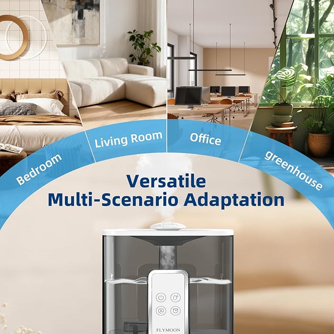 Flymoon 5L Quiet Mist Humidifier for Bedroom Large Room, Air Humidifier for Baby & Plants, Top Fill, 28dB, 3 Mist Levels, 12H Timer, App Control, White