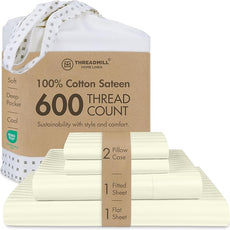 Threadmill 100% Cotton Sheets for Cal King Size Bed - 600 Thread Count Cal King Bed Sheets Set with 16” Deep Pocket - Damask Stripe Sateen Weave 4-Piece Bedding Set with Cooling Effect, Ivory