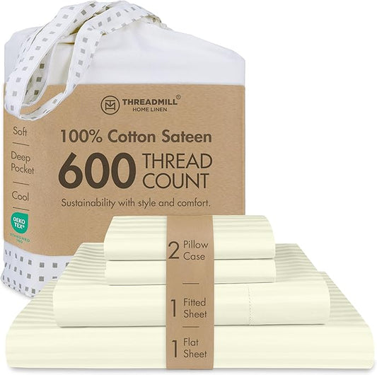 Threadmill 100% Cotton Sheets for Cal King Size Bed - 600 Thread Count Cal King Bed Sheets Set with 16” Deep Pocket - Damask Stripe Sateen Weave 4-Piece Bedding Set with Cooling Effect, Ivory
