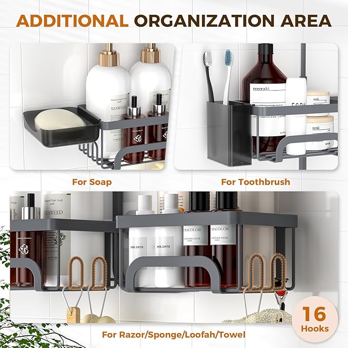 REINHARDT Adjustable Shower Caddy Hanging Split Shower Caddy for Handheld Showerheads, Rustproof Shower Organizer with Hooks for Razors Over the Head Caddy with Soap Holder Bathroom Accessories, Grey