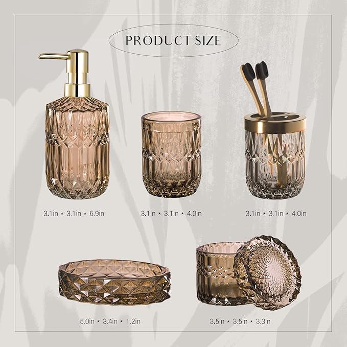 EMPO 6PCS Bathroom Clear Glass Accessories Set (Lotion Soap Dispenser, Soap Dish, Toothbrush Holder, Tumbler, Cotton Swab Jar), Contemporary Modern Decor Crystal Vintage Gift (6pcs Brown)