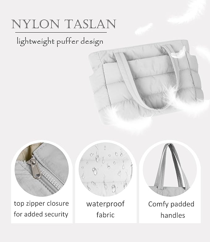 Puffer Tote Bag for Women, Cute Quilted Carryall with Zippered Compartments Shoulder Bag Handbag for Work, Travel, Gym