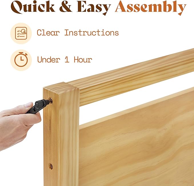 AMERLIFE Queen Size Solid Wood Bed Frame with Headboard, Minimalist Platform Bed with Wood Slats Support/No Box Spring Needed/Easy Assembly/Noise-Free, Natural