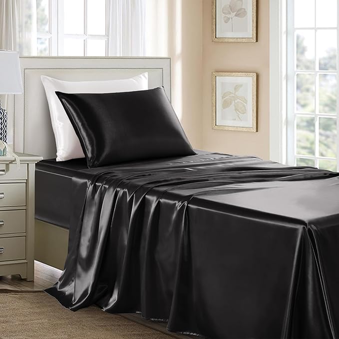 Satin Sheets Twin Size - 3 Pieces Luxury Silky Soft Bed Sheets for Kids, Wrinkle-Free Black Satin Silk Sheet Set with 1 Deep Pocket Fitted Sheet, 1 Flat Sheet, 1 Pillow case