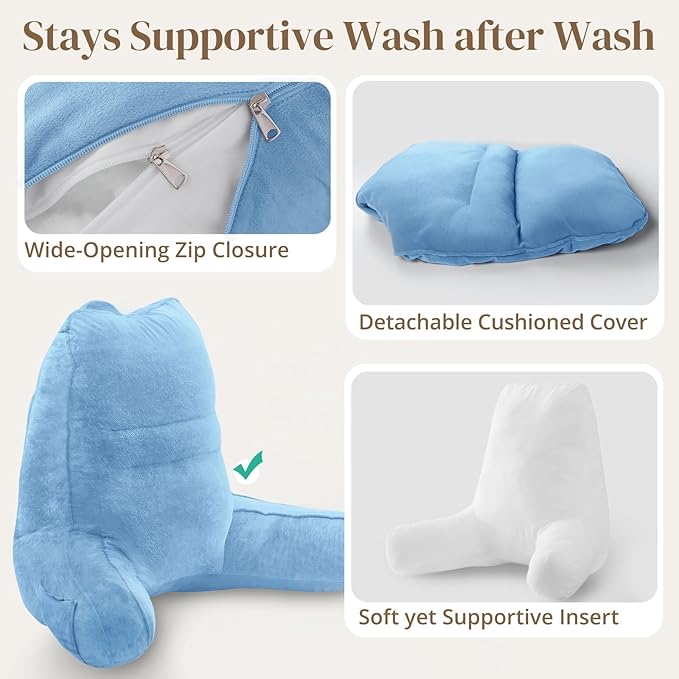 Sasttie Reading Pillow for Bed - 23 Inch, Back Pillow for Bed Sitting Up, Back-Rest Support Cushion with Side Pockets and Arms, Dorm Essentials, Oeko-Tex Certified, Blue