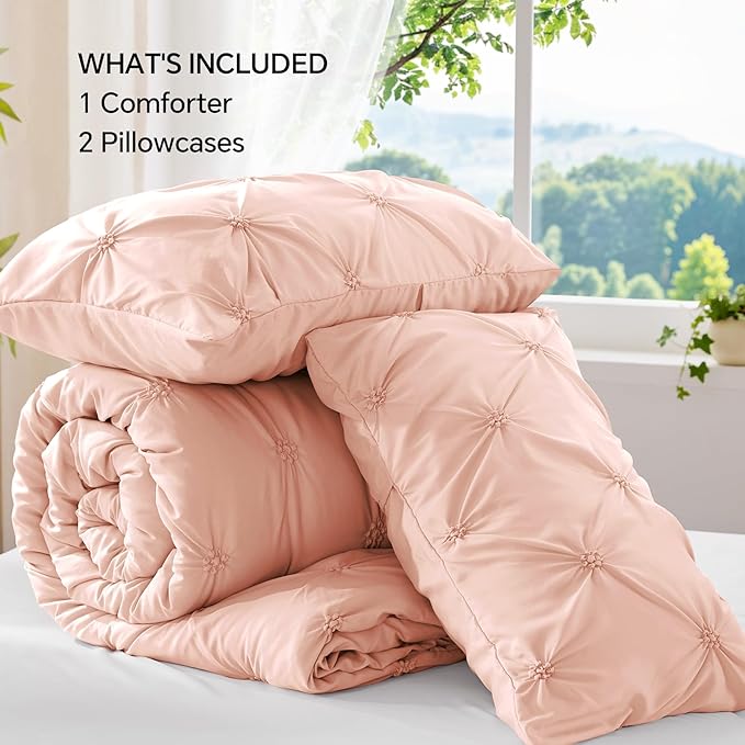 BEDELITE Dusty Pink King Size Comforter Set - 3 Pieces Boho Pintuck Bedding Comforter Sets, Lightweight Soft & Warm King Bedding Set with 2 Pillowcases for All Season