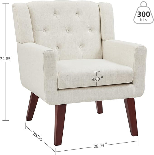 Living&Giving Accent Chair Button-Tufted Upholstered Living Room Chairs Comfy Reading Mid Century Modern with Linen Fabric Lounge Arm for Bedroom (Beige) 29.33D x 28.94W x 34.65H Inch