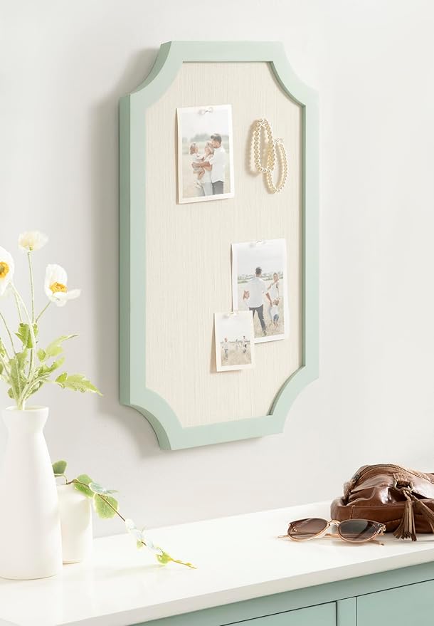 Kate and Laurel Holbrook Modern Framed Scallop Fabric Pinboard, 15 x 24, Green, Transitional Scalloped Bulletin Board for Use as Vision Board or Wall Organization