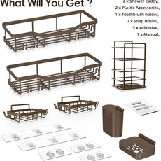 Shower Caddy Adhesive Shower Organizer 7-Pack, Rustproof Stainless Steel Bathroom Shelves, Large Capacity No-Drill Rack Storage Accessories with Soap Dish Toothbrush Holder Hooks (Brown)