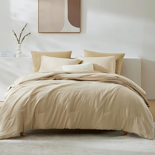 WRENSONGE Twin Comforter Set- 5 Pieces Beige, All Season Twin XL Bedding Sets with 1 Fitted Sheet, 1 Flat Sheet, 1 Pillow Sham and 1 Pillowcase