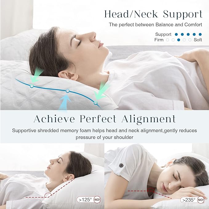 Phantoscope Memory Foam Pillow for Sleeping, Shredded Memory Foam Pillow Cooling Gel for Hot Sleepers, Adjustable Firm Bed Pillows with Bamboo Cover & Cotton Cover, Queen Size, 1 Pack, Gift Package