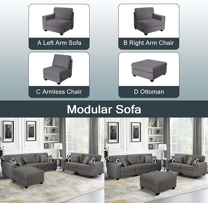 Legend Vansen Modular Sectional Sofa U Shaped Couch with Ottoman Modern Reversible Corner Sectional Couch for Living Room (Dark Grey, 2+3 with Ottoman)