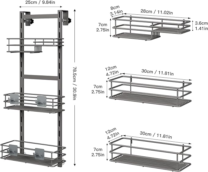Orimade Over the Door Shower Caddy Adjustable 3 Tier Dark Grey,Bathroom Hanging Organizer Shelf Rustproof with 4 Hooks,Shower Basket with Soap Holder and Suction Cup