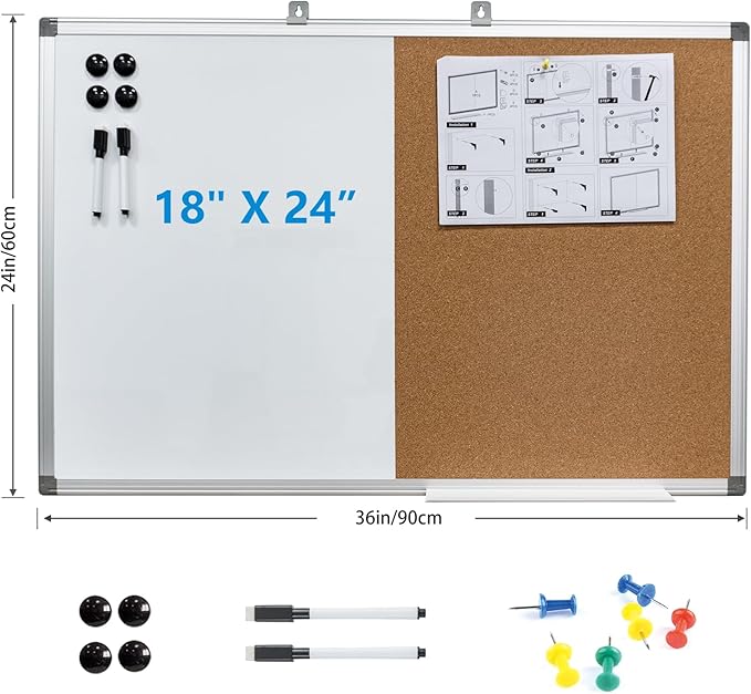 Combination Writeboard 36"x 24" Magnetic Whiteboard & Cork Board Aluminium Frame Dry Erase Board Bulletin Board Wall Mounted Memo Message
