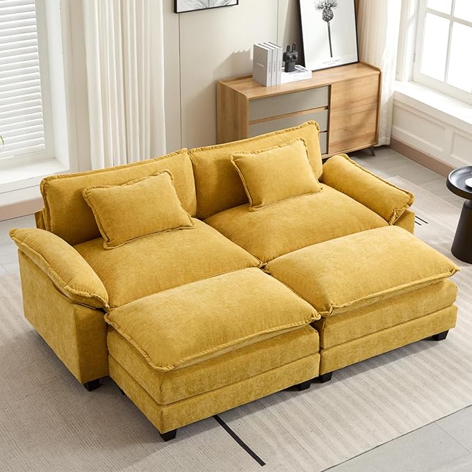 86" Modular Sectional Sofa, Comfy Cloud Couch Sectional Sofa with Ottoman, Chenille Sofa Sleeper Deep Seat Sofa with Throw Pillows for Living Room (Yellow)