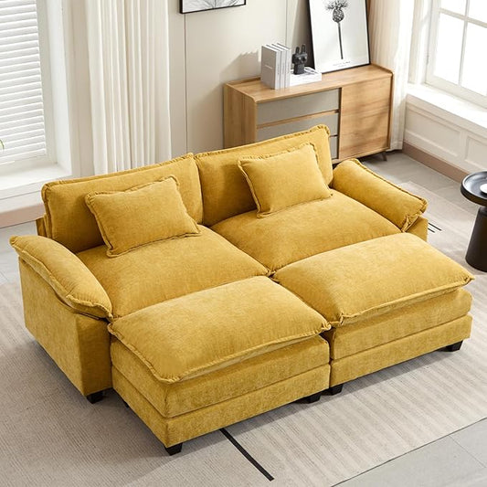 86" Modular Sectional Sofa, Comfy Cloud Couch Sectional Sofa with Ottoman, Chenille Sofa Sleeper Deep Seat Sofa with Throw Pillows for Living Room (Yellow)