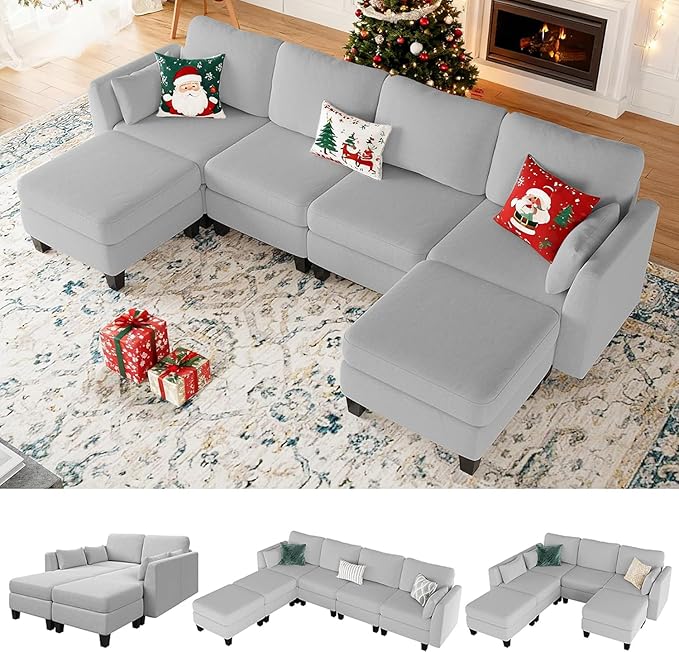 Modular Sectional Sofa, Convertible U Shaped Sofa Couch with High Density Memory Foam, 6 Seat Comfy Modular Sofa Couch for Living Room, Modern U Shaped Sectional Sofa, Lightgrey