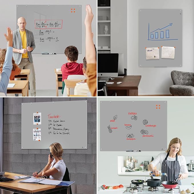 TSJ OFFICE Glass Dry-Erase Board - 48 x 32 Inches Wall Mounted Glass Whiteboard, Large Frameless Magnetic White Board for Office, Home & School, Gray