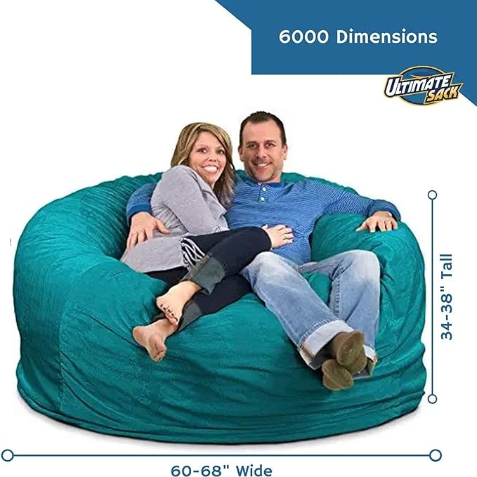 ULTIMATE SACK 6000 6-Foot Bean Bag Chair, Teal Suede Cover – Oversized Foam Lounger, Floor Seat, Small Sofa, or Couch Bed for Living Area, Gaming Room, or Reading Lounge