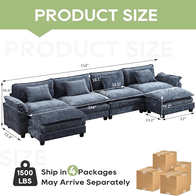 154" Modular Sectional Sofa, Comfy Cloud Couch Sectional Sofa with Ottoman, Chenille Sofa Sleeper Deep Seat Sofa with Throw Pillows for Living Room (Blue, 154"- U Shape)