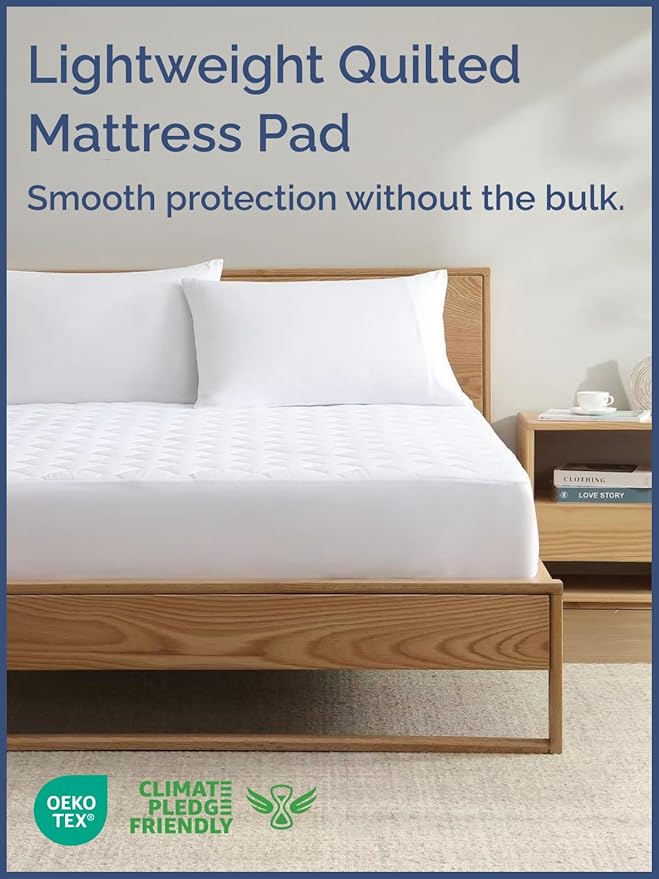 Quilted Fitted Mattress Pad Full Size - Elastic Fitted Mattress Topper Protector & Cover - Breathable, Soft, Low Profile Top Cover with 8-16 Inch Deep Pockets - Easy-Fit and Machine Washable - White