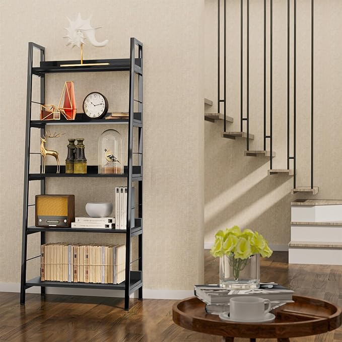 Himimi Black Ladder Bookshelf, 5 Shelf Bookcase Industrial Bookshelf Wood and Metal Bookshelves, Plant Flower Stand Rack Book Storage Shelves for Living Room, Bedroom, Home Office