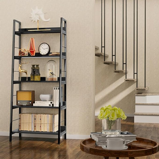 Himimi Black Ladder Bookshelf, 5 Shelf Bookcase Industrial Bookshelf Wood and Metal Bookshelves, Plant Flower Stand Rack Book Storage Shelves for Living Room, Bedroom, Home Office