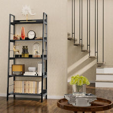 Himimi Black Ladder Bookshelf, 5 Shelf Bookcase Industrial Bookshelf Wood and Metal Bookshelves, Plant Flower Stand Rack Book Storage Shelves for Living Room, Bedroom, Home Office (2 PCS)