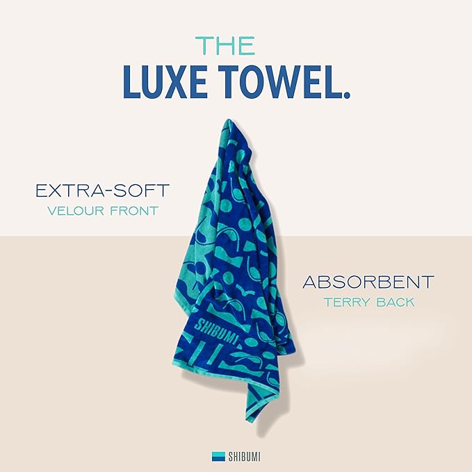 Shibumi Luxe Towel, Relax on Repeat, 35"" x 68"", Oversized and Lightweight Beach Towel, Extra Soft Velour Front and Absorbent Terry Back, 100% Cotton & Machine Washable