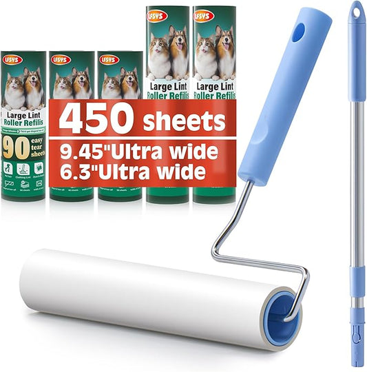 Large Lint Roller for Pet Hair Rxtra Sticky, 5 Refills (3 Short + 2 Long), Lint Remover with Long Handle, Clothes & Furniture