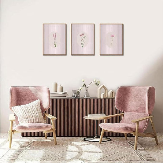 KISSFOX 3 Piece Floral Framed Wall Art Pink Wildflower Canvas Wall Art Flower Pictures Wall Decor Boho Botanical Paintings Poster Wall Decor For Girly Room Bedroom Apartment Dorm Living Room