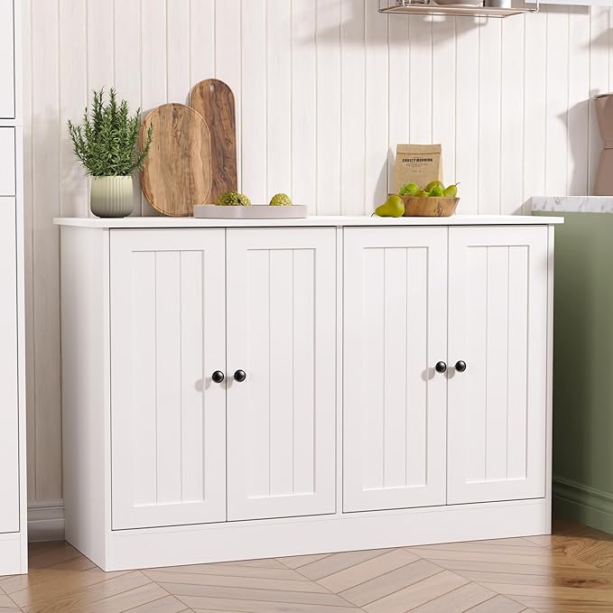 Sideboard Buffet Cabinet with 4 Doors, 47" W Kitchen Storage Cabinet with Storage, Modern Farmhouse Coffee Bar Station Wood Kitchen Table for Living Room Dining Room, White