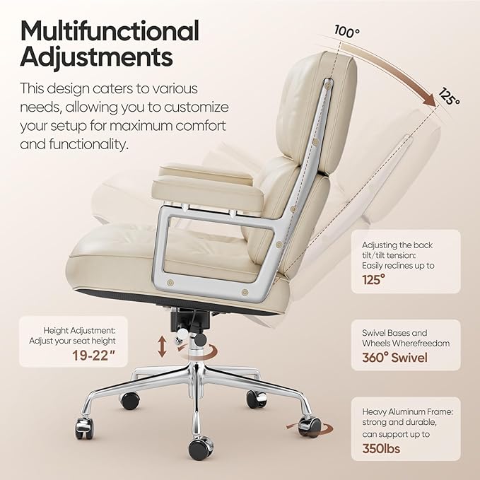 Home Office Chair with Top Grain Leather, Padded Armrests, Mid-Back Upholstered Executive Leather Desk Chair, Aluminum Frame, Adjustable Height, 360 Swivel, Rolling Wheels, 350lbs Capacity