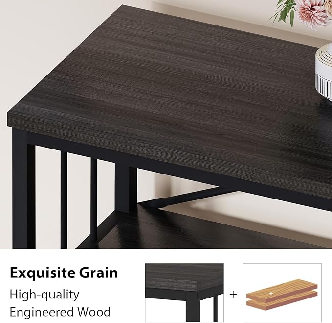 HSH 3 Tier Bookshelf, Wood Metal Low Horizontal Bookcase with Storage, Industrial 3 Tier Long Bookshelves Shelf for Bedroom, Modern Wooden Open Etagere Bookcase for Living Room, Dark Gray, 55 Inch